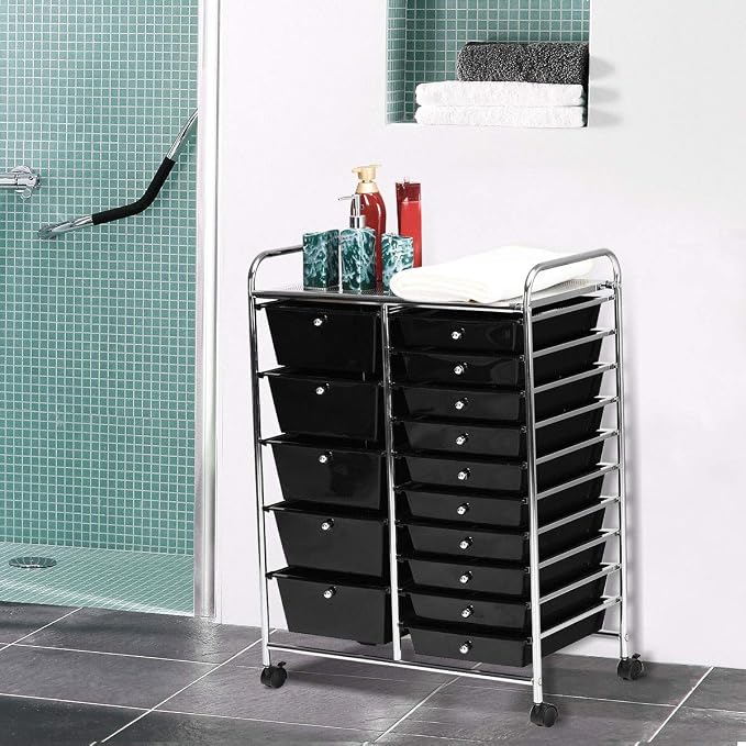 COSTWAY 15 Drawer Rolling Storage Cart, Mobile Utility Cart with Lockable Wheels, Drawers, Multipurpose Organizer Cart for Home, Office, School, Black - Image 12