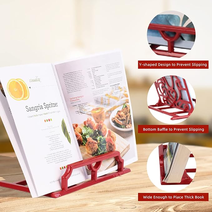 Cookbook Stand, Cast Iron Heavy-Duty Recipe Book Holder, Kitchen Vintage Recipe Book Holder, Reading Rest Holder for Easel/Counter/Books/Magazine/iPad/Bible, Red - Image 4