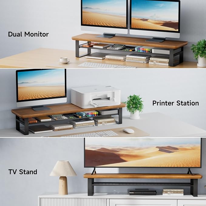 Dual Monitor Stand, 35.4 Inch Monitor Stand Riser for 2 Monitors, 2 Tiers Wood Desk Shelf with Storage, Desktop Organizer Stand for Computer, Laptop, Printer, TV - Image 7