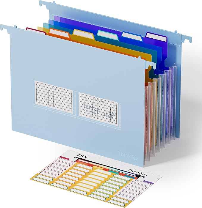 ThinkTex Plastic Expanding Hanging File Folders, 7 * 1.2" Accordion Pockets | Large Capacity, Multi-Color Tabs, Letter Size for Filing Cabinet - Blue by ThinkTex