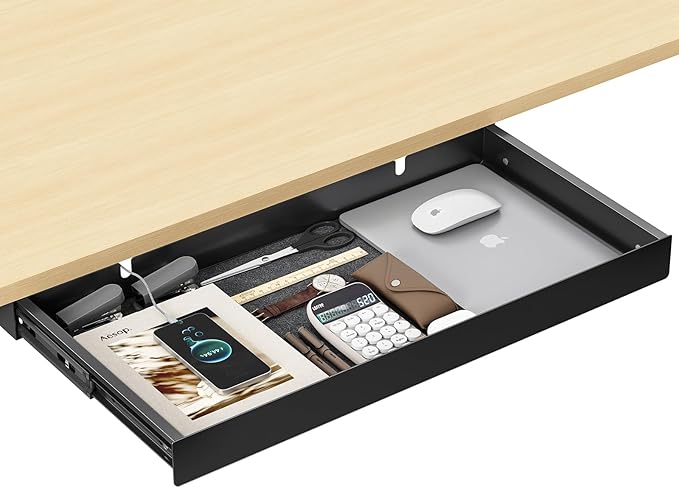 Under Desk Drawer,20.1 inch Carbon Steel Slide-Out Under Table Storage Organizer With Full Extension Ball-Bearing Slides,Undermount Drawer For Standing Desk & Home Office,Black by ERGOCOLLECT