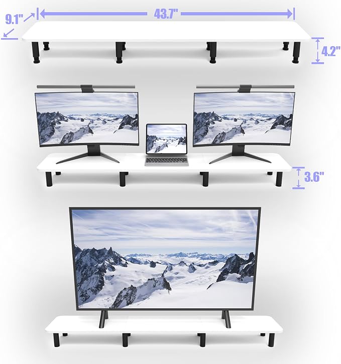 Dual Monitor Stand Riser 43.7 inch Large Extra Long Monitor Stand Riser Wide TV Stand Riser Monitor Stand for 2 Monitors Wood & Steel Leg Desktop Riser Desk Organization Home Office (White) - Image 3