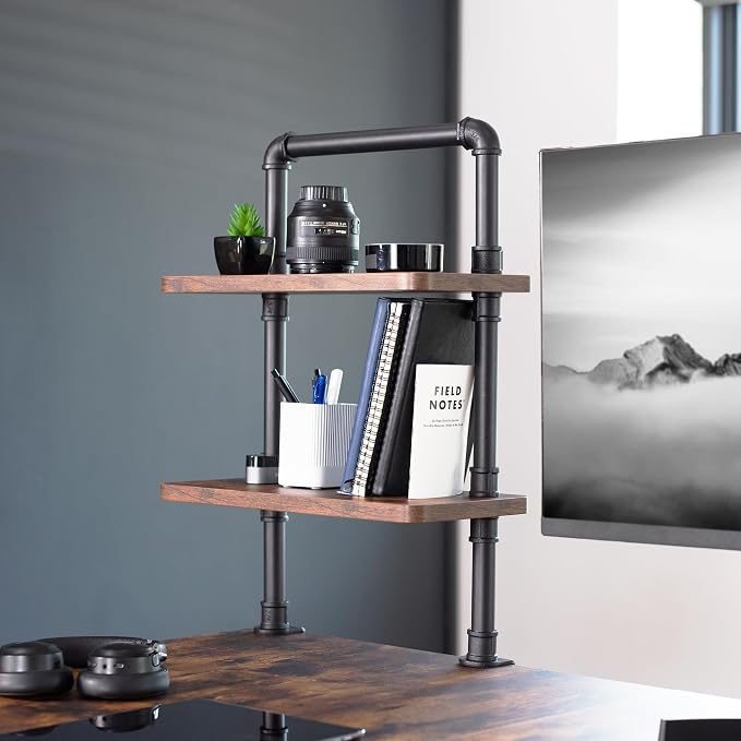 VIVO Clamp-on Premium 16 inch Industrial Pipe 2-Tier Tabletop Shelving, Heavy Duty Desk Extension Organizer, Modern Desktop Display Shelf, Rustic Vintage Brown Shelves, DESK-SHELF16-2N - Image 2
