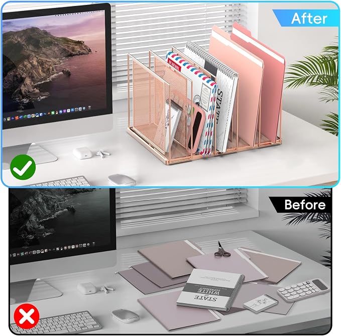 File Organizer for Desk, 5-Section Vertical File Sorter, Paper Holder Organizer Standing Metal File Folder for Office Home Classroom, Rose Gold - Image 9