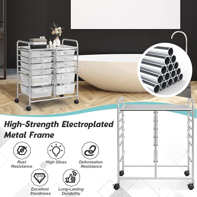 COSTWAY 12-Drawer Rolling Storage Cart, Moveable Art Craft Organizer | Lockable Wheels, Metal Shelf, Files Arrangement Tools Makeup Storage Cart for Office, Home, School (Clear) - Image 7