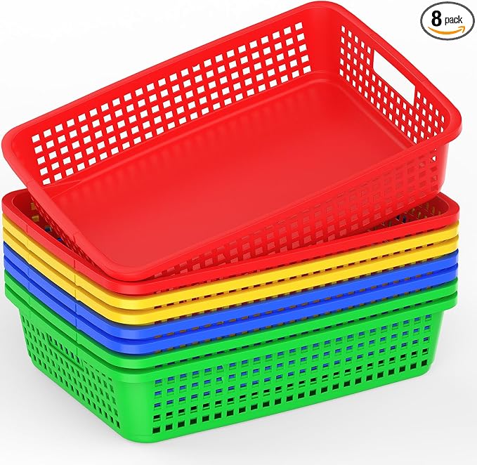 8 Pack Classroom Storage Baskets 15''x10''x3'' Large Plastic Paper Trays with Handle Letter Size A4 Paper Toy Basket Turn in Trays for Library Office Desk Drawer Organizing (8, Bright Color) by BeapTcely