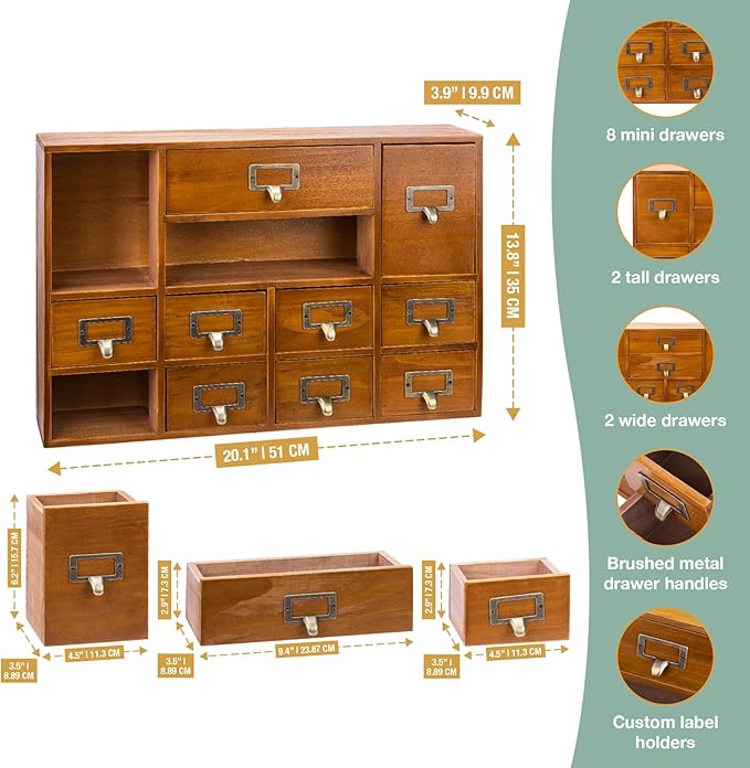 12-Drawer Apothecary Cabinet - Index Card Organizer - Vintage Chest of Drawers - Mahogany Wooden Organizer - Office Desktop Drawer Organizer for Herb Storage, Apothecary Diaries, Tea Collection - Image 2