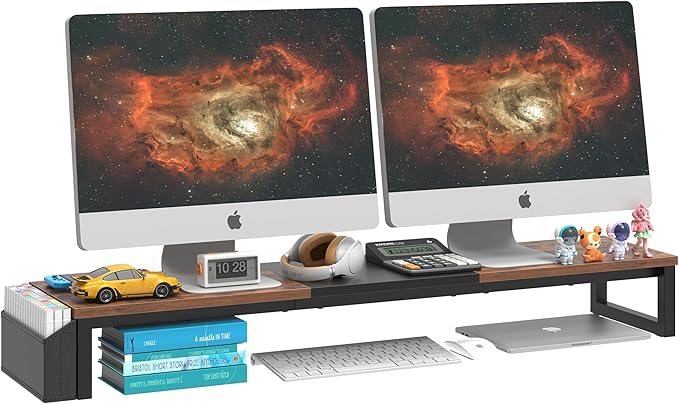 LAND·VOI Dual Monitor Stand Riser,41.5'' Long Monitor Stand for 2 Monitors, Wood Computer Riser with Pocket, Desktop Oraganizer with Pen Holder, Monitor Riser for Desk Computer,Laptop,TV, Rustic Brown by LAND%C2%B7VOI