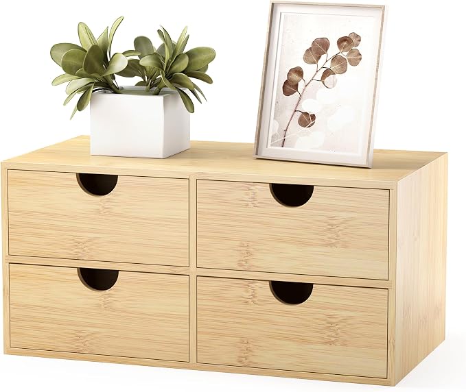 Bamboo Desk Organizer with Drawers, Desktop Storage Box for Office Supplies | 4 Drawers Desktop organizer, No Assembly Required, Natural Wood Wooden Desktop Drawers for Bills, Cosmetics, Seals, Paper by WisuceHome