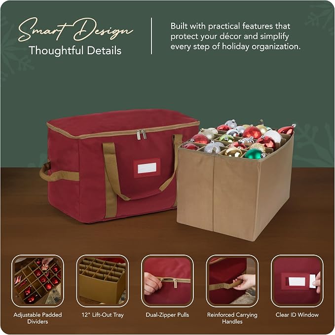 Covermates Keepsakes Adjustable Ornament Storage Bag – Heavy-Duty Polyester, Padded Dividers & FlexGrid Trays – Protective Holiday Ornament Organizer with Handles & Label Window, Red - Image 4
