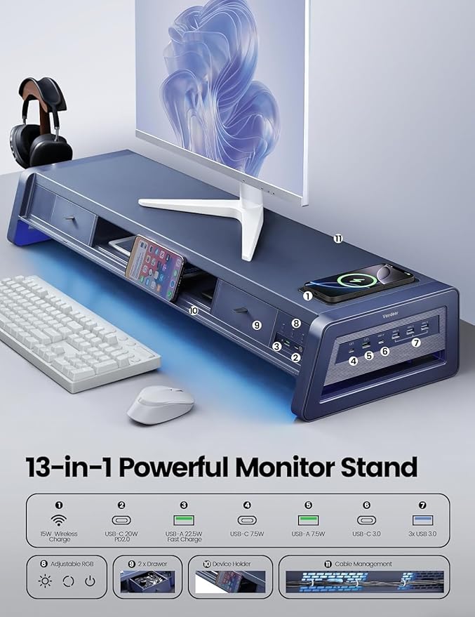 Vaydeer All-in-One Dual Monitor Stand Riser with 2 Drawers, 8USB Ports and Wireless Charging Pad with LED Light Strip for 2 Monitors , Desk Organizer for PC, iMac (Metal, 39.3 inches)-Black - Image 4