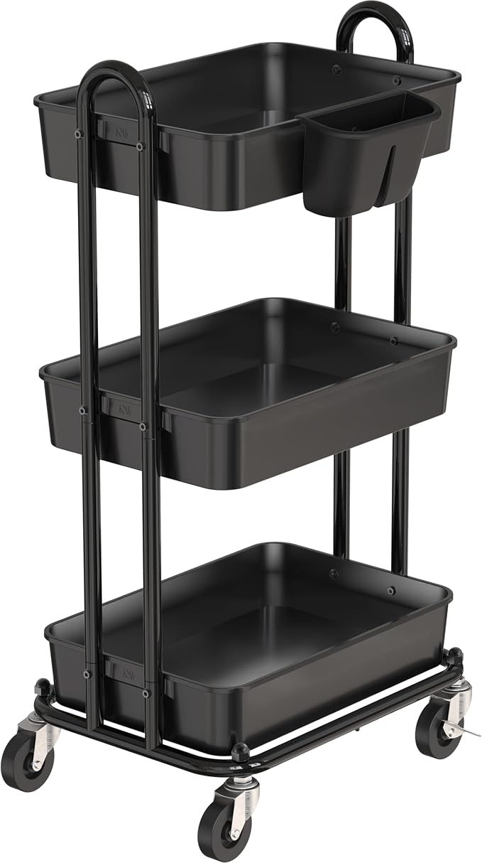 Simple Houseware 3-Tier Rolling Utility Cart with Hanging Bucket, Black | Storage for Bathroom, Kitchen, Office, Study Room, Nursery Diaper by SimpleHouseware
