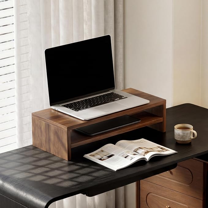 FITUEYES Wooden Monitor Stand Riser, 2-Tier Desk Storage Shelf, Brown | 21.3-Inch Desktop Organizer Fits Laptop, Computer Screen and Office Supplies - Image 7