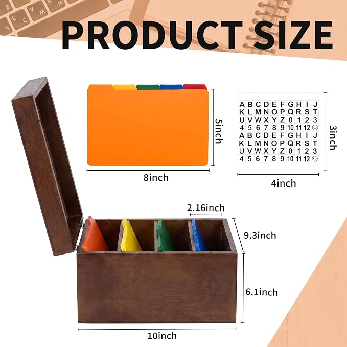 Henoyso 5 x 8 Inch Index Card Holder Set, Bamboo Index Cards Organizer, 50 Pcs Dividers 2 Sheets Alphabet Number Stickers File Note Holders for Office Business Classroom, Brown - Image 2