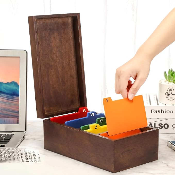 3 x 5 Inch Index Card Holder Set, Bamboo Index Cards Organizer, 50 Pcs Dividers 2 Sheets Alphabet Number Stickers File Note Holders for Office Business Classroom, Brown - Image 4