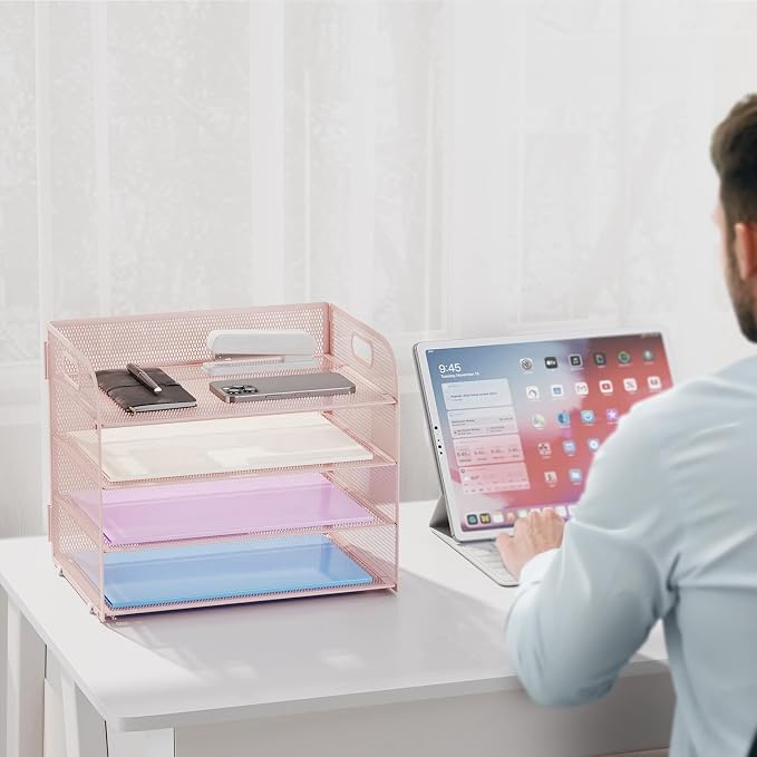 Marbrasse 2 Pack 4 Tier Paper Organizer Letter Tray - Mesh Desk File Organizer with Handle, Paper Sorter Organizer for Letter/A4 Office File Folder Holder (Pink, 12.6" x 9.1" x 10.7") - Image 6