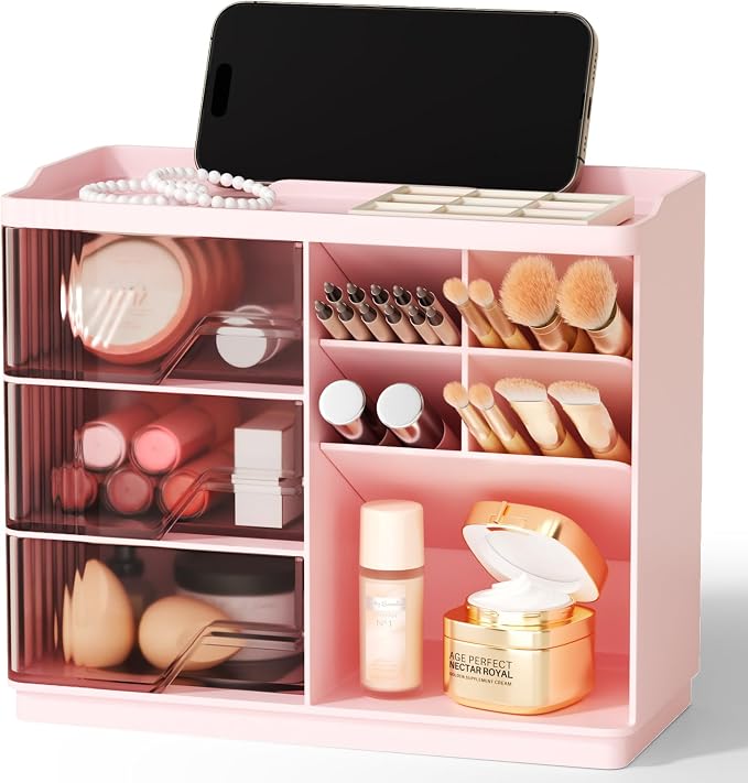 Small Makeup Organizer with Drawers, Stackable Bathroom Couneter Organizer with Phone Holder, Versatile Vanity Organizer Countertop, Cosmetic Organizer for Makeup Brush, Skin Care, Lotion -Pink,1Pack by FULLMEET