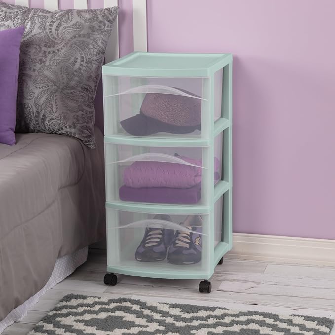Sterilite 4 Pack 3 Drawer Storage Cart, Plastic Rolling Organization, Mint | Clear Plastic Organizer Drawers with Wheels for Craft Supplies, Bath Essentials, or Home Accessories - Image 4