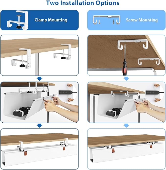 Zilink Large Cable Management Under Desk 40" No Drill Desk Cable Management Clamp/Screw Mount Fabric Cable Tray Sturdy Waterproof Cable Organizer for Office, Home, White - Image 2
