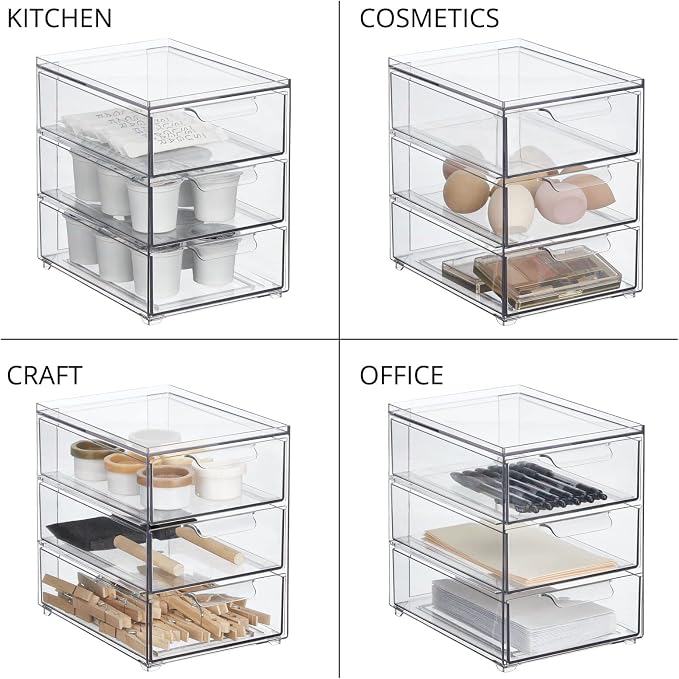 mDesign Plastic Stackable Organizer with 3 Drawers - Pull-Out Drawer Storage Bin for Bathroom Sink/Cabinet Organization - Perfect for Makeup, Small Towels, and More - Lumiere Collection, 2 Pack, Clear - Image 7