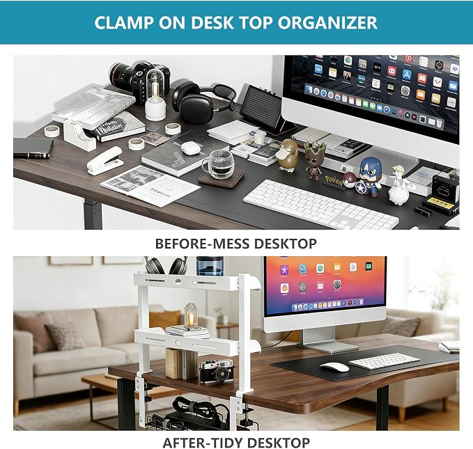 Clamp on Desk Shelf,3 Tier Desktop Organizer,Adjustable Clamp on Desk Top Organizer with Under Desk Hidden Storage Basket&Hooks,No Drilling Desk Clamp Storage Shelves for Working Gaming Accessories - Image 7