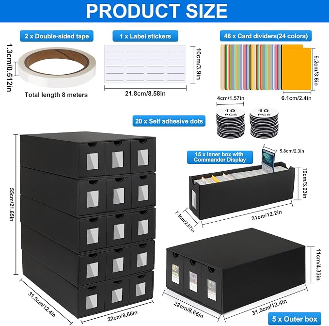 Trading Card Storage Box, 15000+ Cards Deck Box for MTG Commander, Trading Cards Organizer with 48 Card Dividers, Labels & Tapes, Visible Card Deck Boxes for MTG TCG PTCG Sport Cards - Image 3