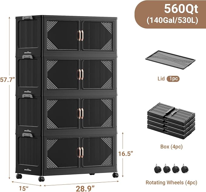 BROVIEW V60 560QT Plastic Stackable Storage Bins with Lid, 4Pack Black | 140Gal Extra Large Closet Organizers Collapsible Cabinets Boxes With Drawer, Foldable Container with 4x Wheels for Home - Image 2