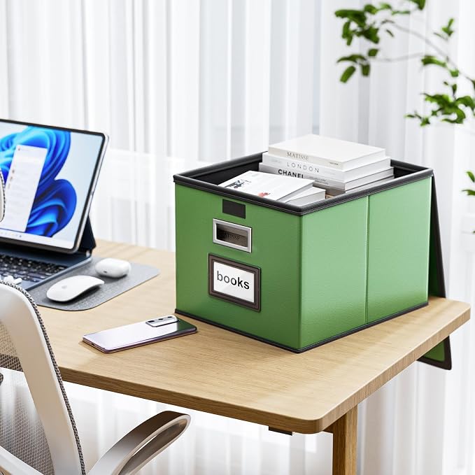 File Organizer Box with Lids, Collapsible File Folder Organizer | File Box with Plastic Slides for Document, Filing Bin for Letter Size Hanging File Folders (2 Pack, Green, Leather) - Image 2