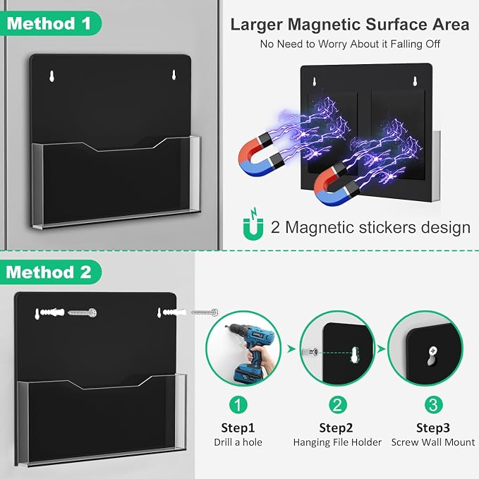 Acrylic Magnetic Wall File Organizer - Clear Black Acrylic Hanging Wall File Holder, Wall Mount Folder Mail Document Holder for Office, Fridge, Whiteboard, 2Pack - Image 2