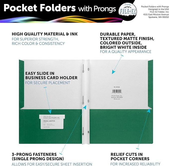 FILE-EZ Two-Pocket Folders with 3-Prong Fasteners, Green Color, 25-Pack, Durable Textured Paper, Matte Finish, Letter Sheet Size (EZ-92560) - Image 2
