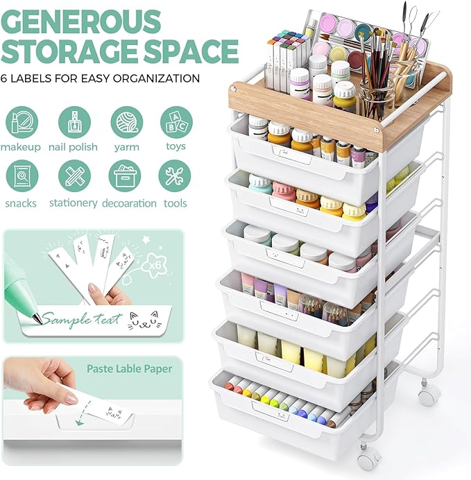 Rolling Craft Storage Cart with 6 Drawers, Art Cart,White | Utility Cart with Wooden Top, for Craft Room, Kids Art Station, Sewing Storage, Space-Saving for Home Office & Bedroom - Image 7
