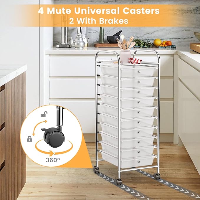 Storage Cart, Rolling Utility Cart with 10 Drawers, Portable Handles & Lockable Wheels, Mobile Paper Toys Storage Organizer Large Capacity for Home Office School Teacher (Clear) - Image 6