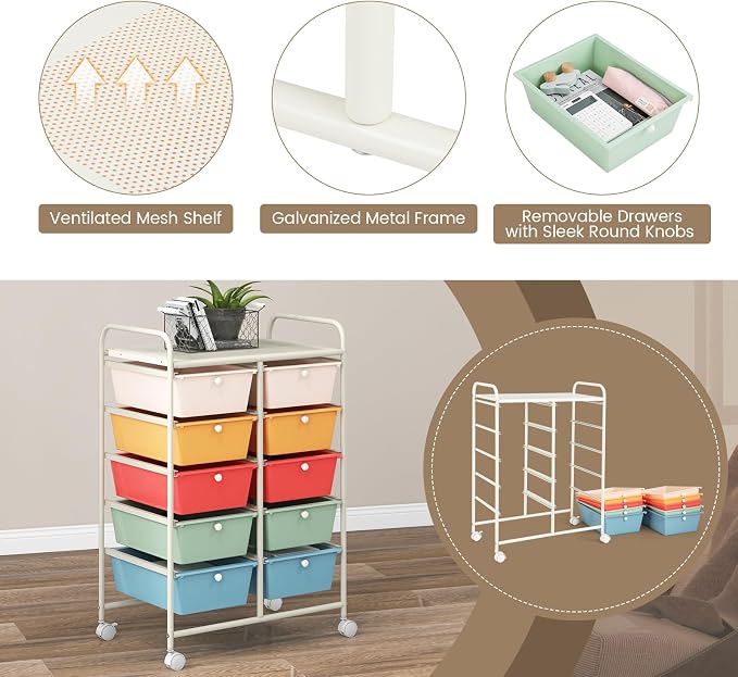 COSTWAY 10 Drawer Rolling Storage Cart, Utility Cart with Lockable Wheels | Mobile Art Supply Craft Organizer with Metal Frame, Multipurpose Drawer Cart for Paper for Office, School, Macaron - Image 6