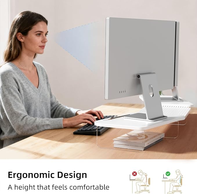 AFOOYO LED Dual Monitor Stand Riser for 2 Monitors,Office Desktop Wooden Stand Adjustable Length and Angle 3 Shelf,Extra Long Multifunctional Stand up to 39.3" for Computer,Laptop,TV,White - Image 6