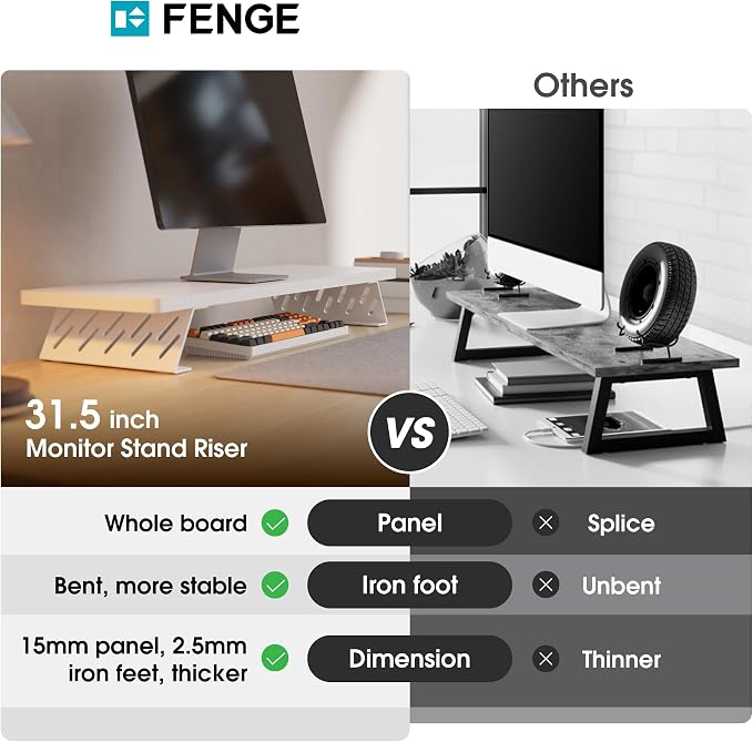 Fenge Monitor Stand Riser, Wooden & Metal Desk Shelf Organizer, White | 31.5in Computer Stand, Single Monitor Setup, for Compact Work Station, Multifunctional Monitor Shelf for Laptop, PC, Printer - Image 3