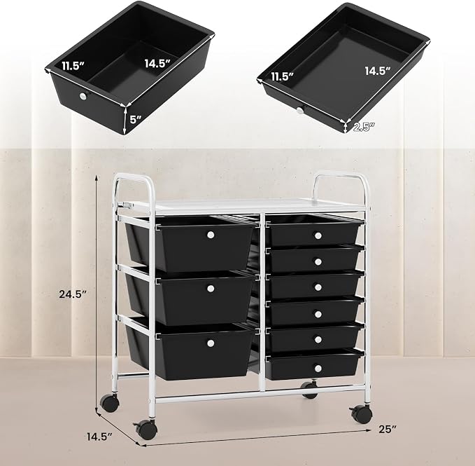 COSTWAY Rolling Storage Cart with 9 Drawer, Utility Cart with Metal Frame | Mobile Art Supply Craft Organizer, Multipurpose Storage Organizer for Paper, Office, School Teacher, Classroom, Black - Image 3