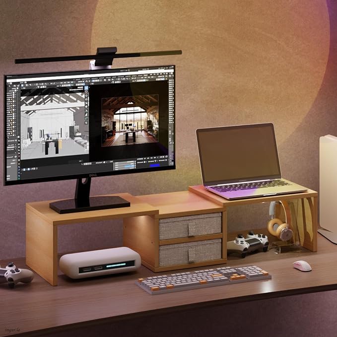 TEAMIX 42 inch Dual Monitor Stand Riser with 2 Drawers- Length and Angle Adjustable 3 Shelf Riser with Storage Desk Organizer Computer Monitor Stand for 2 Monitors/Laptop/PC,Screen/TV Stand Riser - Image 8