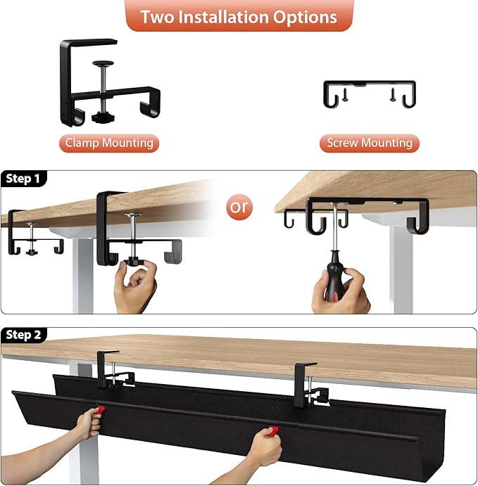 Univivi No Drill Under Desk Cable Management Tray, 48 inch Cable Management | Clamp/Screw Mount Desk Cable Organizer, Premium Fabric Cable Management Tray, Large Capacity Cord Organizer for Office, Home - Image 6