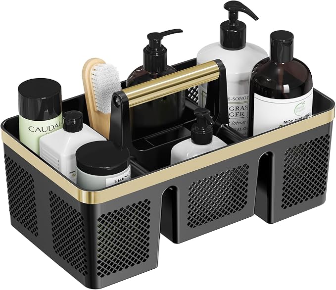 BYUNER Portable Cleaning & Shower Caddy with Handle: Rigid Plastic Basket with 4 Divided Compartments, All-Side Drainage for College Dorm, Bathroom & Utility Use, Black/Gold by MakesYourHomeMoreOrganized