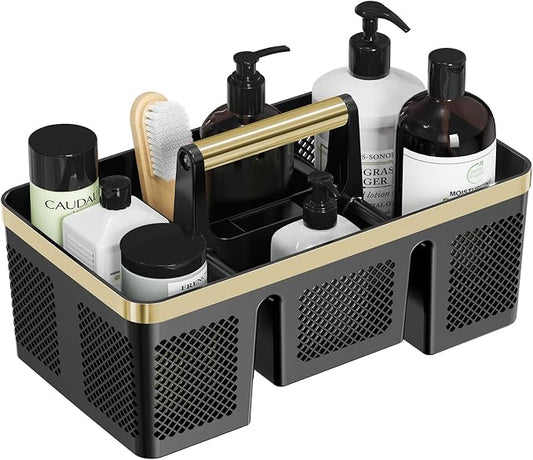 BYUNER Portable Cleaning & Shower Caddy with Handle: Rigid Plastic Basket with 4 Divided Compartments, All-Side Drainage for College Dorm, Bathroom & Utility Use, Black/Gold by MakesYourHomeMoreOrganized
