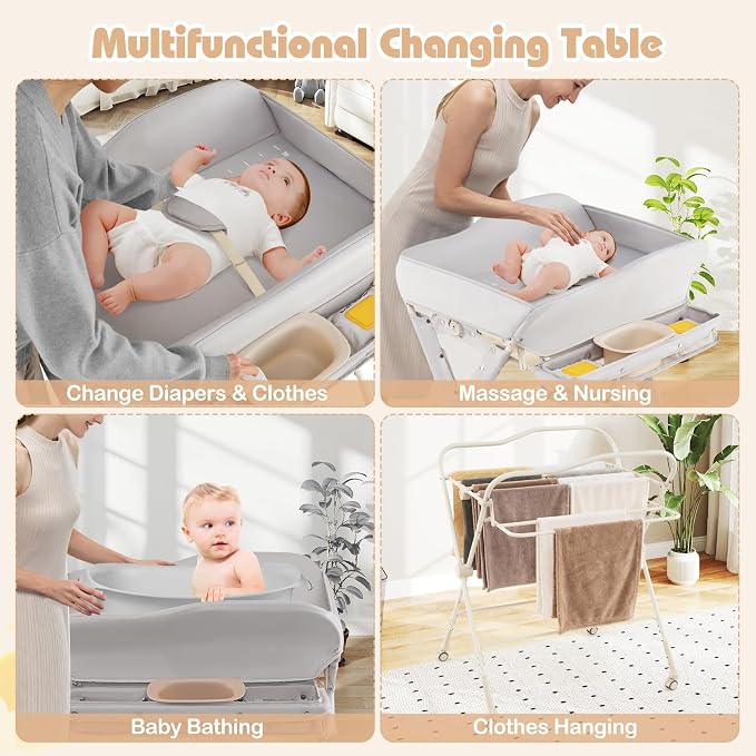 INFANS Baby Changing Table with Wheels, Portable Folding Diaper Station Nursery Organizer with Storage Basket, Hanging Rack, Adjustable Height, Safety Belt for Newborn Infant (Light Gray) - Image 5