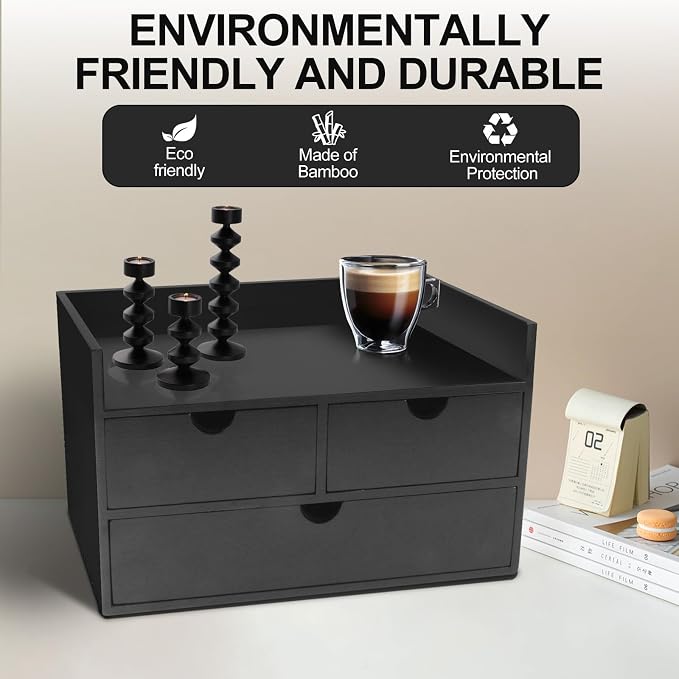 Charmewooden Desk Organizer with Drawers Countertop Drawers Organizer Tabletop Storage Organization Box Home Office Workspace Bathroom Toiletries Supplies (black with shelf) - Image 4