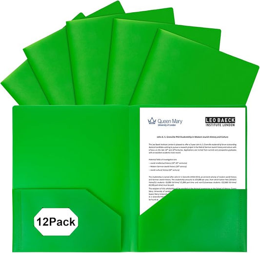 12-Pack Plastic Folders with Pockets,2-Pocket Poly Folders Holds 8-1/2" x 11" Paper for School/Office/Home, Green by EEHZTSIOFFICE