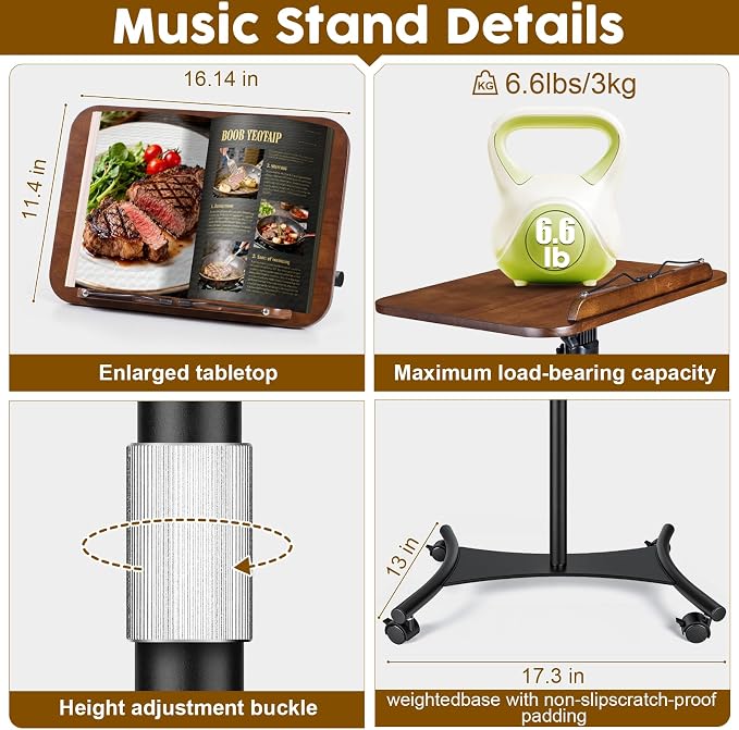 2 in 1 Dual-use Music Stand & Desktop Book Stand, Adjustable Height 16.5"-51", 100% Solid Wood Laptop Floor Stand Book Holder with Elastic Page Clips for Cookbooks (Black Walnut with Tray and Wheels) - Image 7