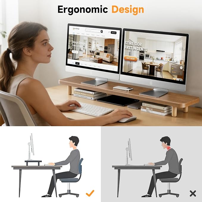 Dual Monitor Stand Riser, 39 Inch Extra Long Wooden Desktop Monitor Riser with Storage for 2 Monitors Ultra Strong Desk Shelf Organizer Riser Ergonomic for 2 Screens/Laptop/PC/TV/Printer (Walut brown, 39inches) - Image 7