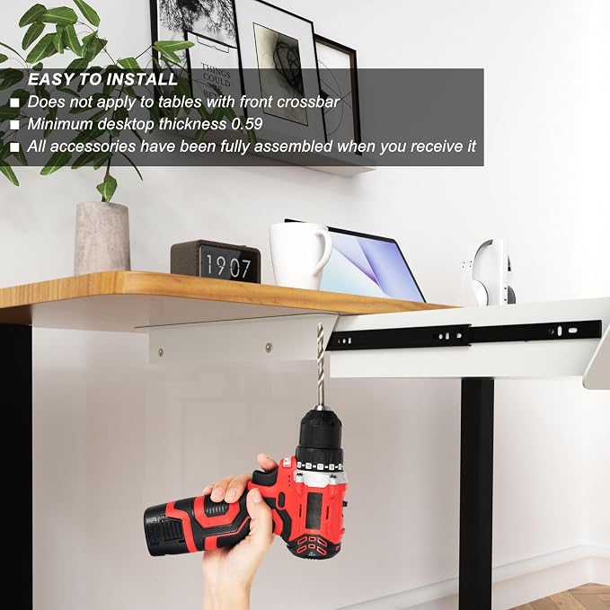 White Large Under Desk Mounted Sliding Drawer with 2 Cable Hole and 60 Degree Tilt Panel to Pull Out, 22.4'' Long & 9.2'' deep Large Storage Organizer for Sit Stand Workstation - Image 7
