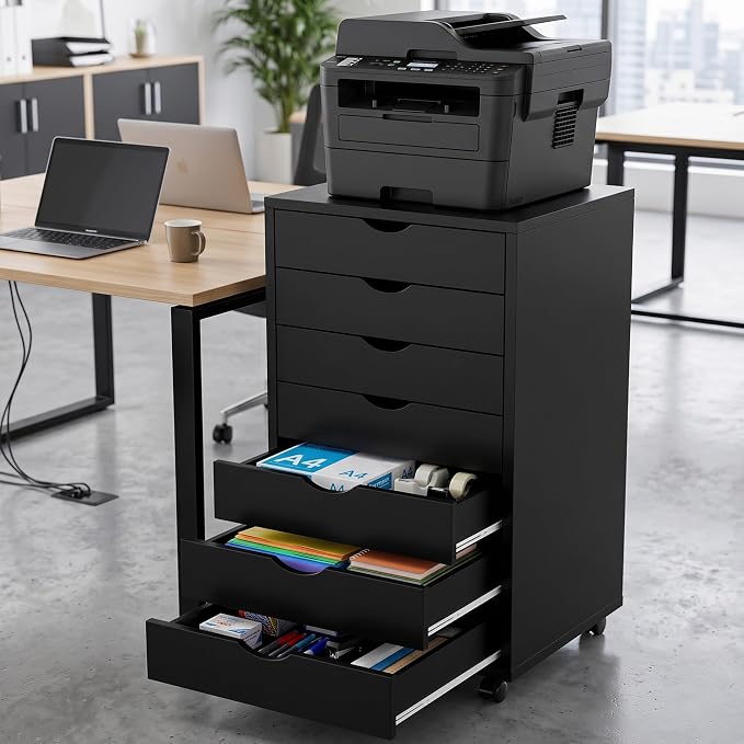 7 Drawer Office Storage Cabinet, Rolling File Cabinet for Office, Black | Office Storage Cabinet with 7 Drawers, Rolling File Cabinet with Wheels for Home Office, Desk Storage and Printer Stand - Image 2