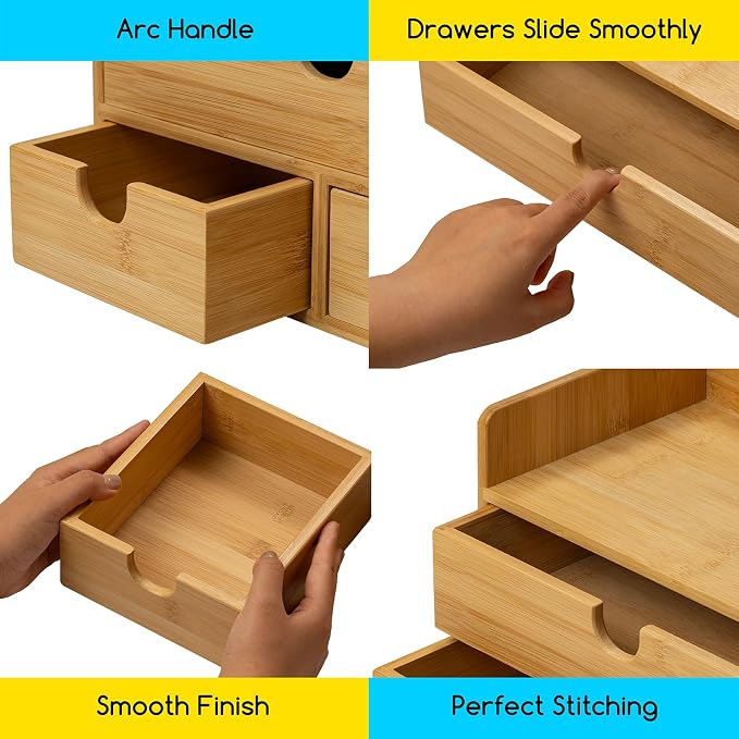 MEEDEN Bamboo Desk Organizer with Drawers: Desktop Storage Container with Shelf - Tabletop Storage Organization Box for Office Home Toiletries Supplies - Image 4