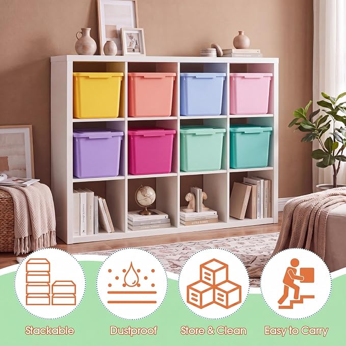 Potchen 8 Pack Small Stackable Storage Bins with Lids Plastic Storage Boxes for Classroom 9.8" ×7.3" ×5.7" Decorative Organizer Bins for Craft Art Office Teacher Supplies (Mixed Color) - Image 5