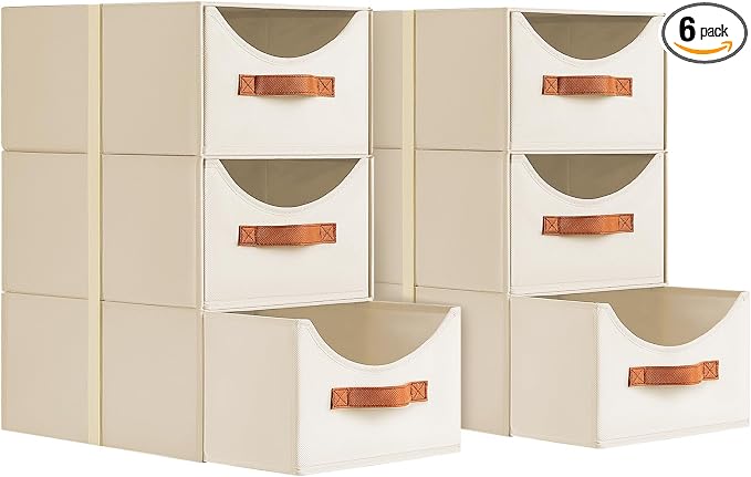 Stackable Storage Drawers - Collapsible Storage Bins with Drawers, 6 Pack Closet Shelf Organizer Basket, Fabric Pull Out Organizer for Bedroom, Living Room, Dorm, Beige by Homsorout